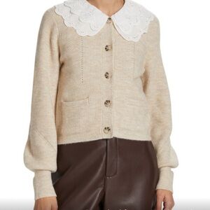 WAYF Cardigan in Oatmeal with Lace Peter Pan Collar Size Medium